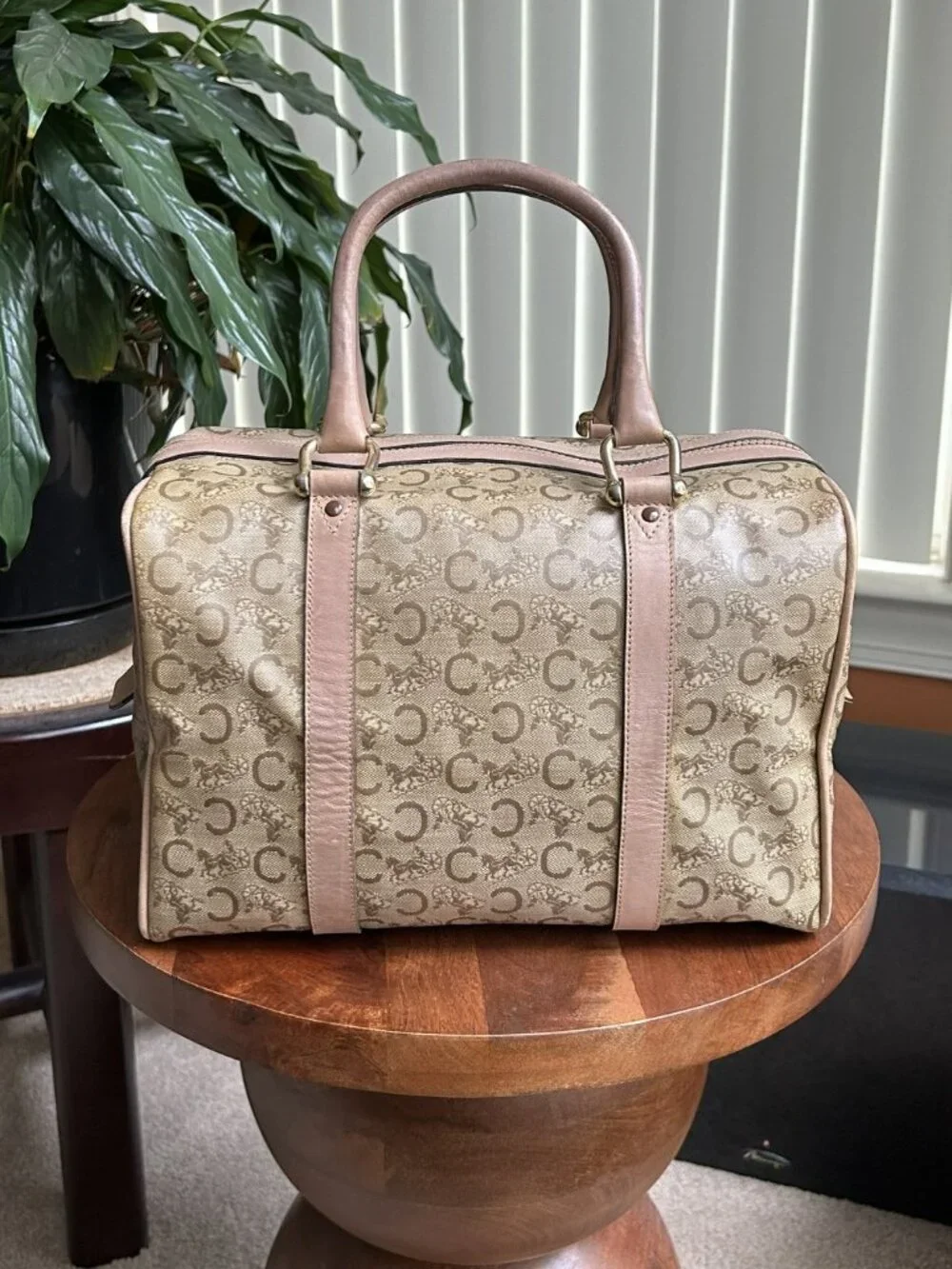 CELINE Macadam Canvas Boston Bag, Tan